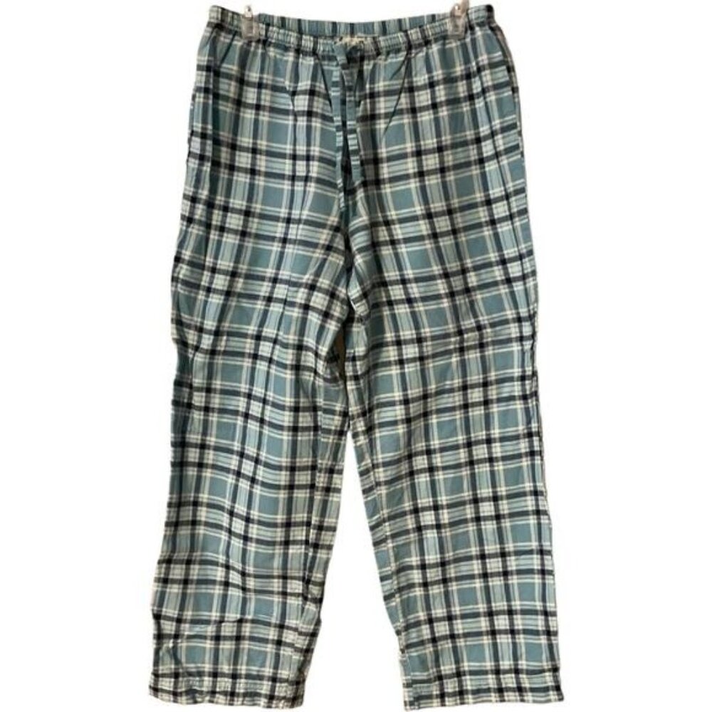 Unisex L.L. Bean Plaid Pajama Pants S Blue/White Flannel Elastic Waist